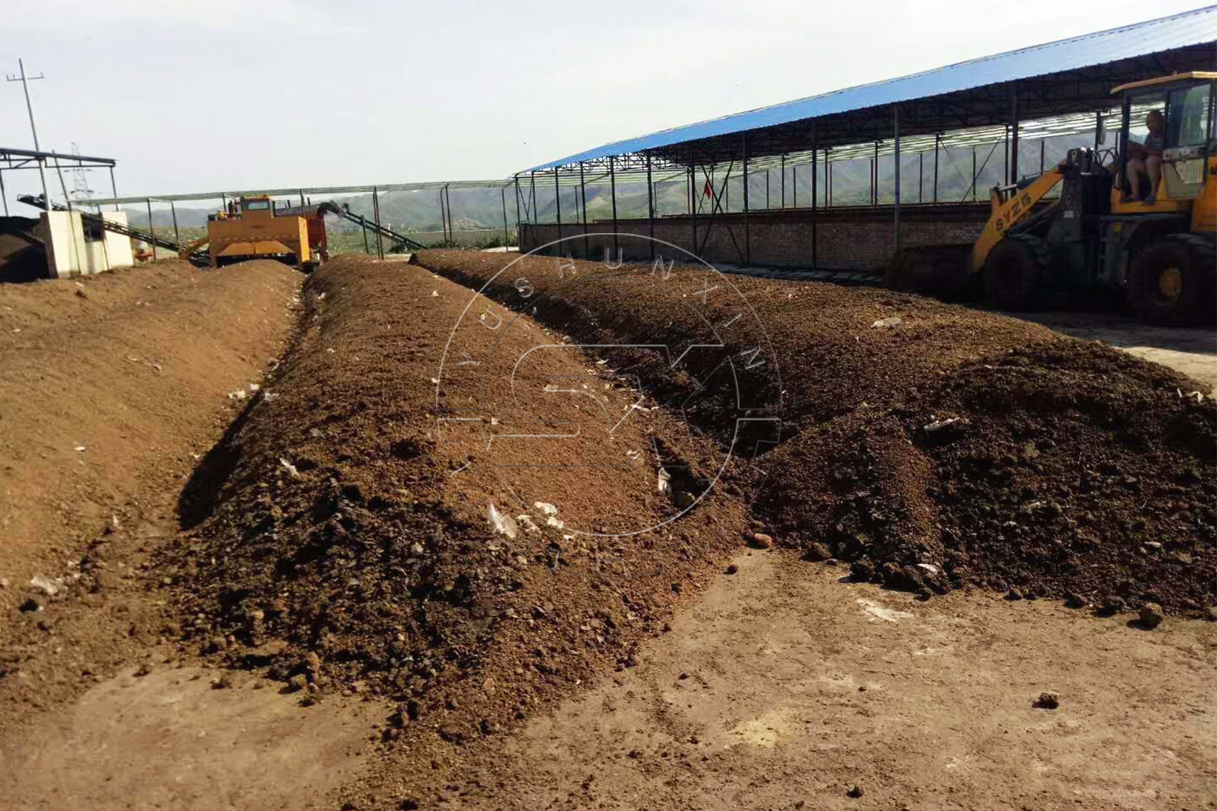 Windrow type composting in commerical plant